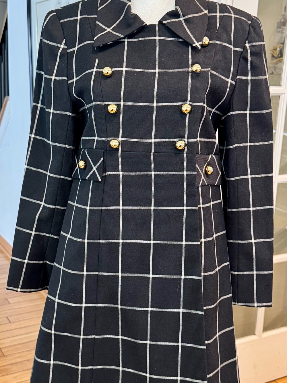 Vintage, Anna Sui Black Windowpane Double-Breasted Coat with Gold Buttons